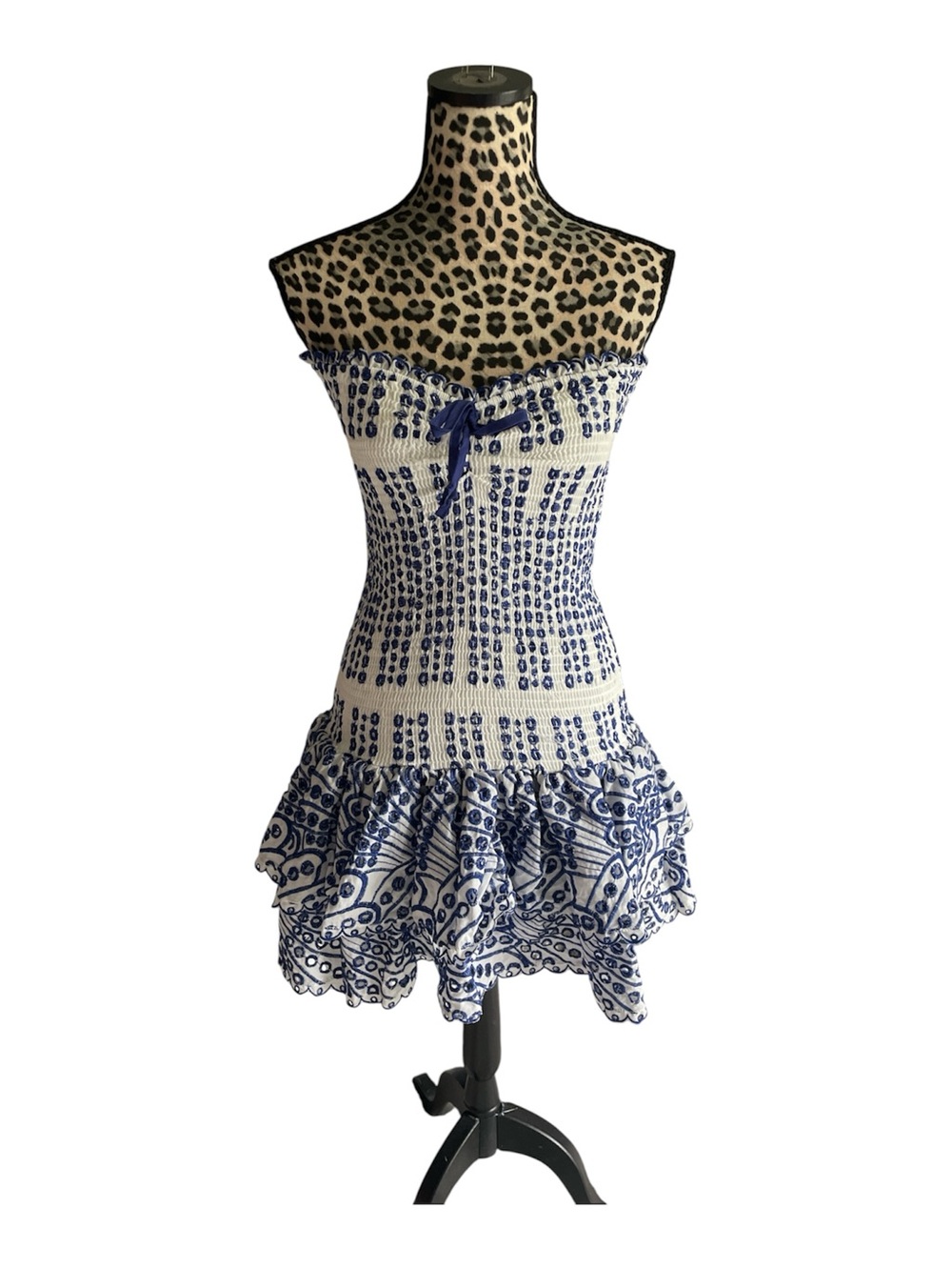 iris Strapless Smocked Mini Dress in White and Navy